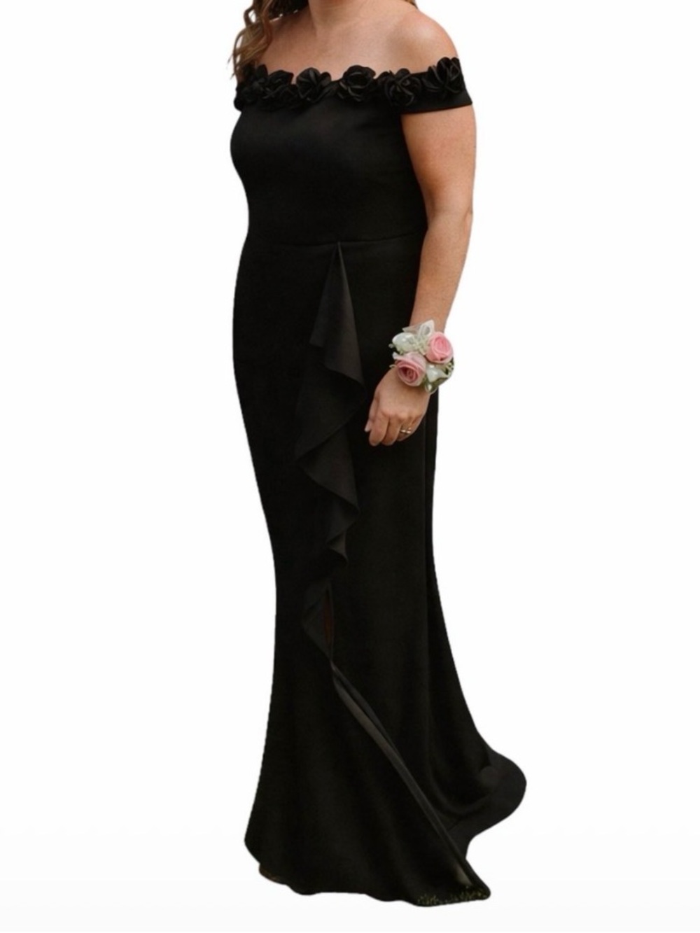 Jeanne Alexander By Alex Evenings  Size 6 Black Off The Shoulder Dress 3D Flower - Picture 16 of 17